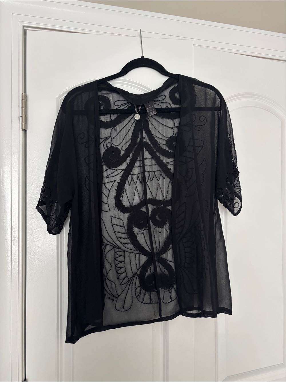 Vintage Sheer Black Beaded Mesh Kimono Cardigan Top